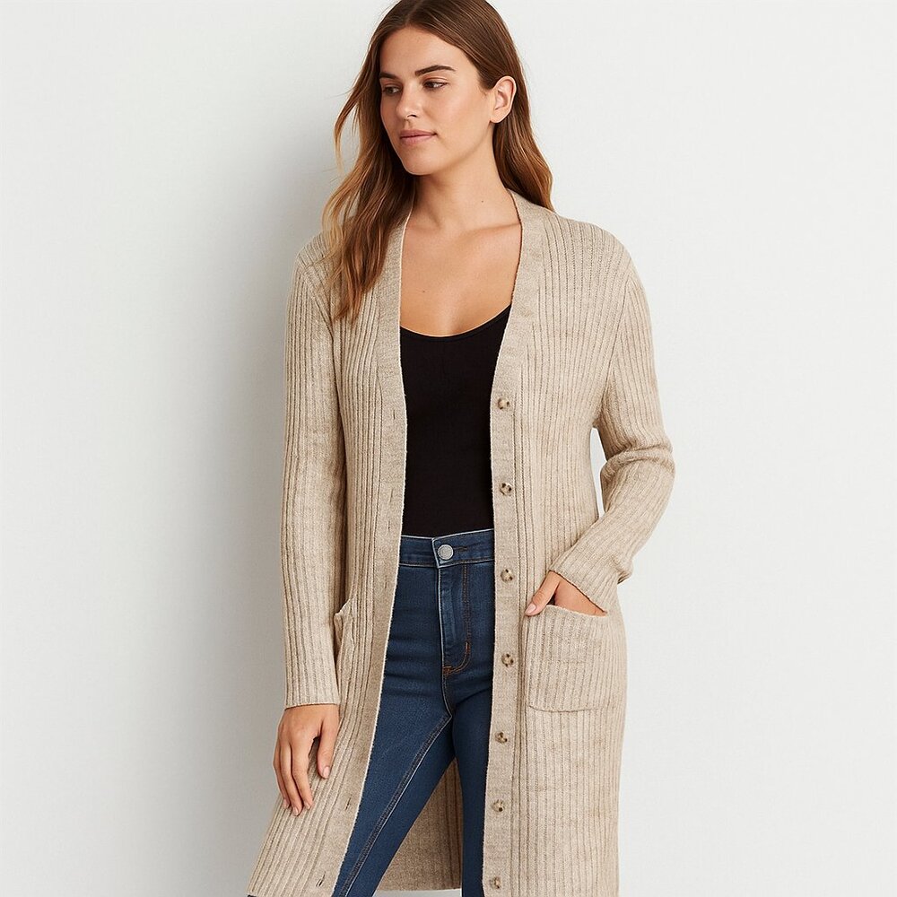 American Eagle Don’t Ask Why Italy Oatmeal Ribbed Knit Midi Cardigan Cozy OS